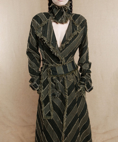 Diagonal Striped Denim Long Coat